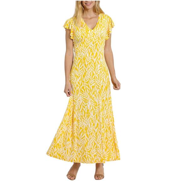 London Times Women's Size 8 Ruffled Short Sleeve Printed Matte Jersey Maxi Dress - Picture 1 of 9